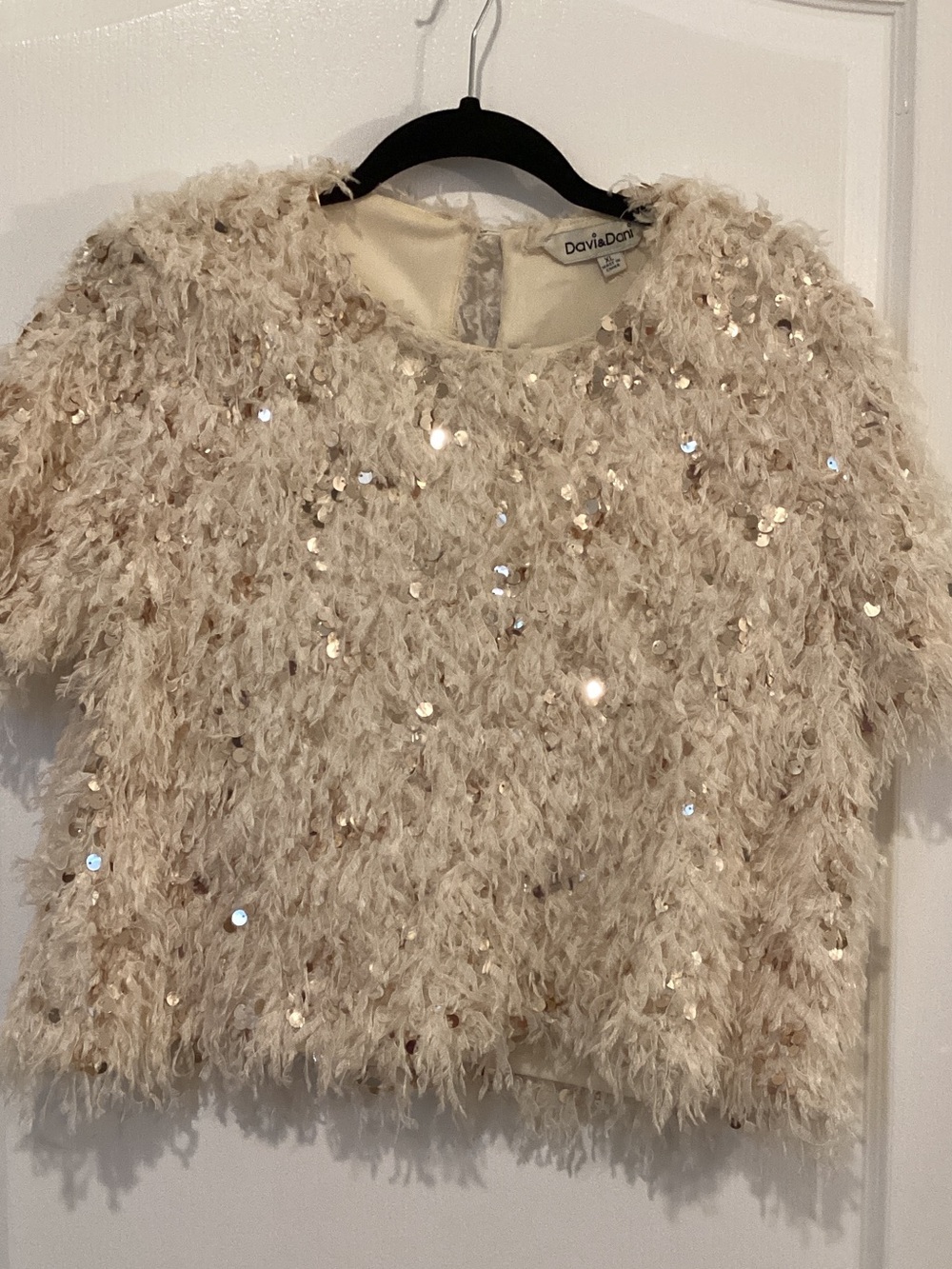DAVI & DANI Cream Sequin Shaggy Crewneck Sweater
